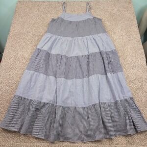 RUBY YAYA Maxi Midi Dress Large 100% Cotton Blue Tiered Gingham‎ Check Striped